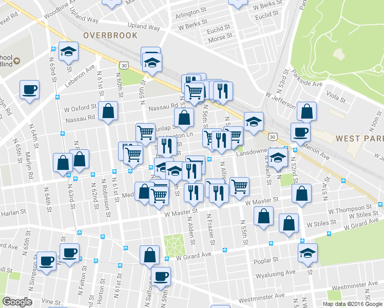 map of restaurants, bars, coffee shops, grocery stores, and more near 5650 Hunter Street in Philadelphia