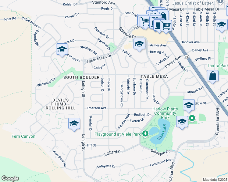 map of restaurants, bars, coffee shops, grocery stores, and more near 1265 Hartford Drive in Boulder