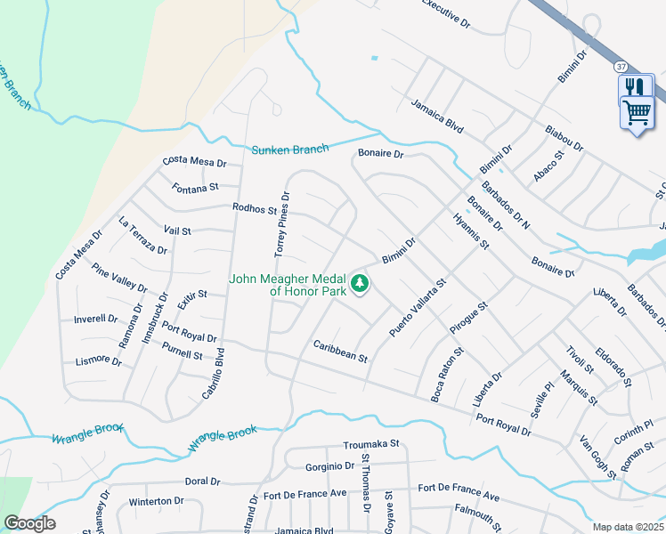 map of restaurants, bars, coffee shops, grocery stores, and more near 46 Encinitas Drive in Toms River