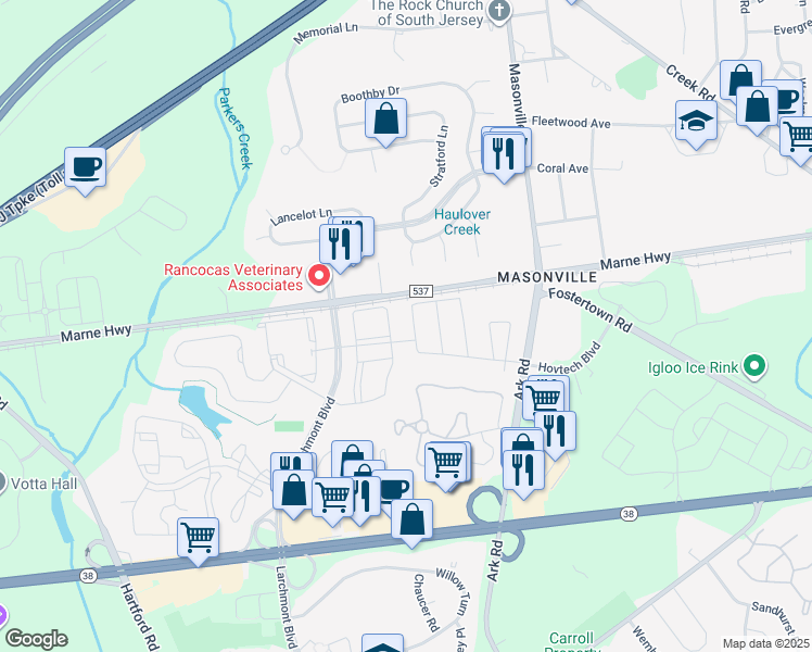 map of restaurants, bars, coffee shops, grocery stores, and more near 5904 Coventry Way in Mount Laurel Township