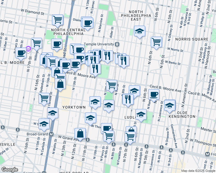 map of restaurants, bars, coffee shops, grocery stores, and more near 942 Turner Street in Philadelphia
