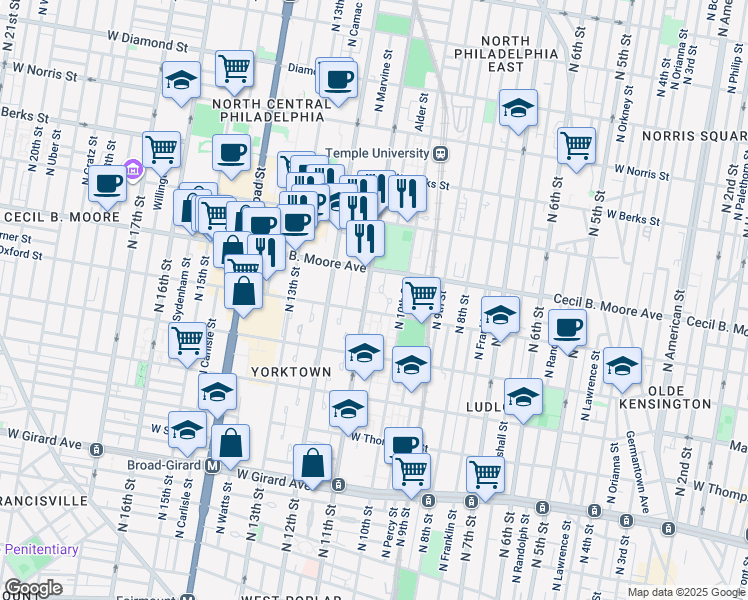 map of restaurants, bars, coffee shops, grocery stores, and more near 1609 North 11th Street in Philadelphia