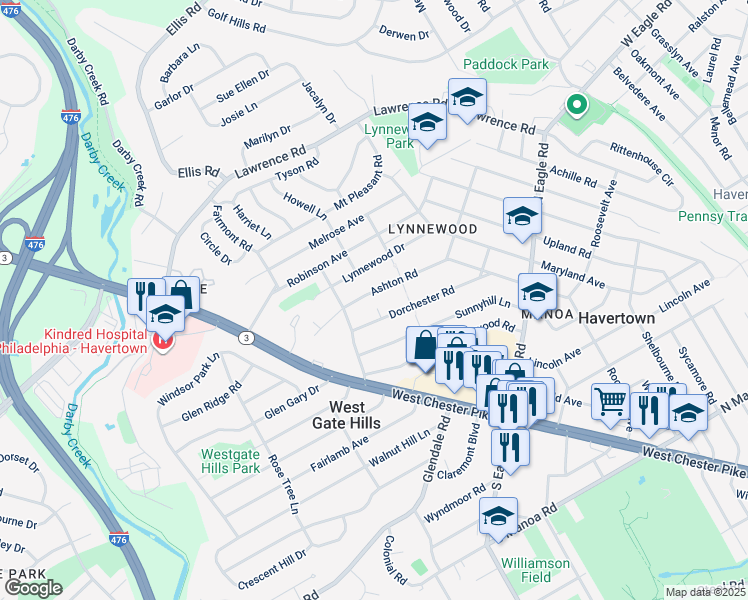map of restaurants, bars, coffee shops, grocery stores, and more near 1525 Ashton Road in Havertown
