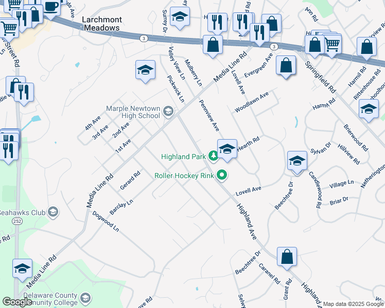map of restaurants, bars, coffee shops, grocery stores, and more near 2964 Highland Avenue in Broomall