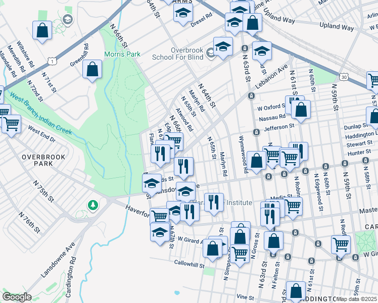 map of restaurants, bars, coffee shops, grocery stores, and more near 6546 Lebanon Avenue in Philadelphia