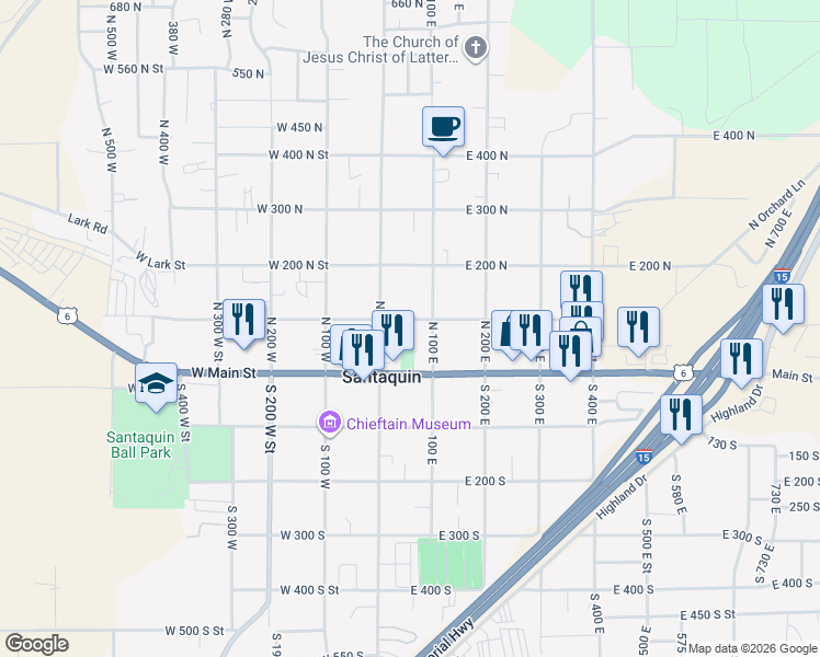 map of restaurants, bars, coffee shops, grocery stores, and more near 52 East 100 North Street in Santaquin