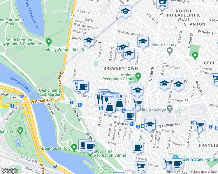 map of restaurants, bars, coffee shops, grocery stores, and more near 1332 North Dover Street in Philadelphia