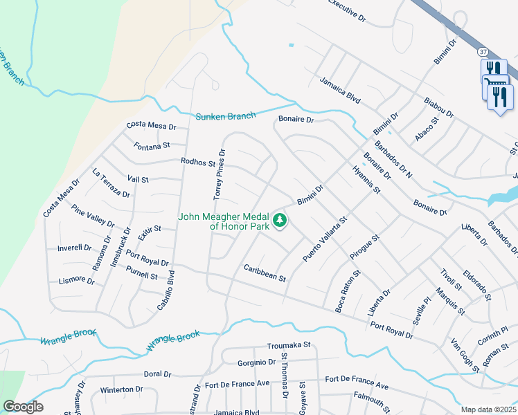 map of restaurants, bars, coffee shops, grocery stores, and more near 46 Encinitas Drive in Toms River