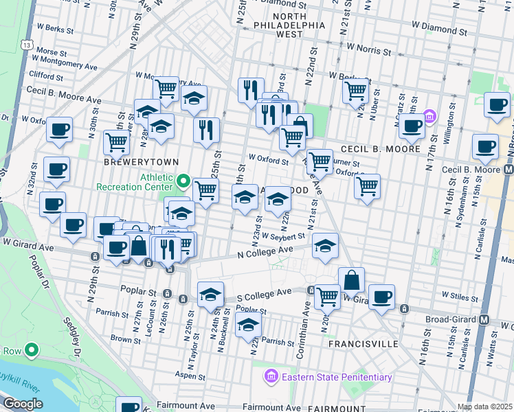 map of restaurants, bars, coffee shops, grocery stores, and more near 2318 Sharswood Street in Philadelphia
