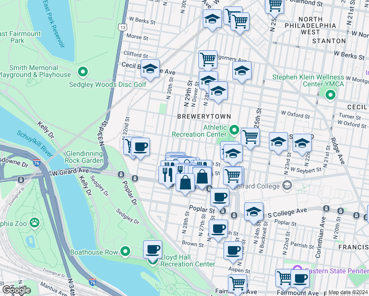 map of restaurants, bars, coffee shops, grocery stores, and more near 1332 North Dover Street in Philadelphia