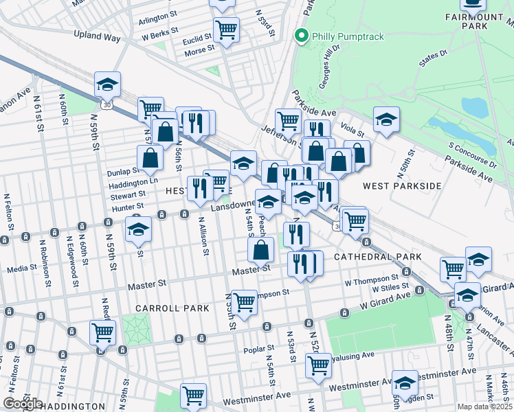 map of restaurants, bars, coffee shops, grocery stores, and more near 1554 North Peach Street in Philadelphia