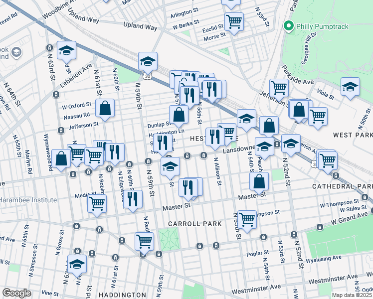 map of restaurants, bars, coffee shops, grocery stores, and more near 5650 Hunter Street in Philadelphia