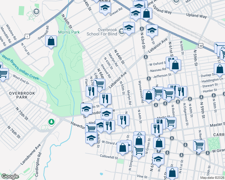 map of restaurants, bars, coffee shops, grocery stores, and more near 909 Atwood Road in Philadelphia