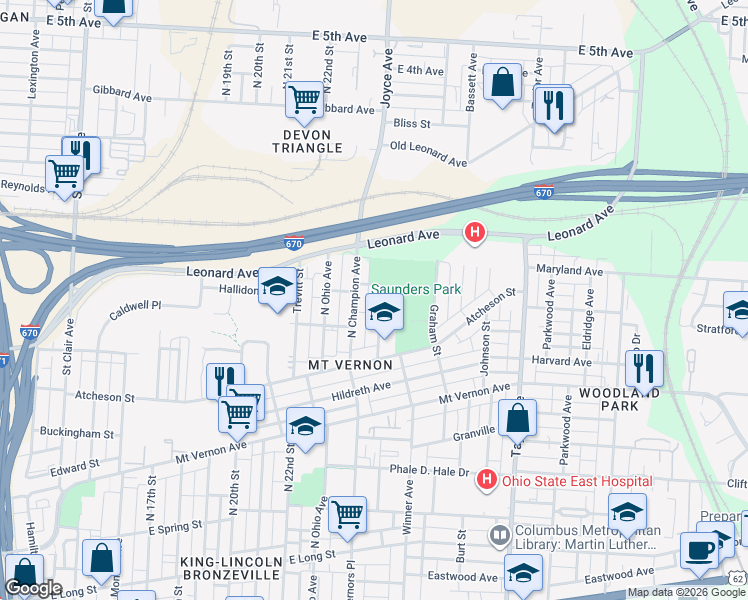 map of restaurants, bars, coffee shops, grocery stores, and more near 500 North Champion Avenue in Columbus