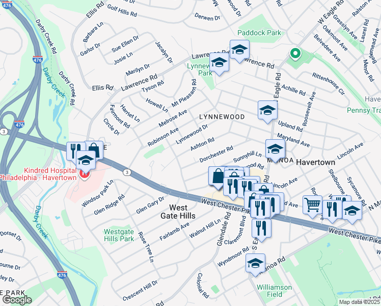 map of restaurants, bars, coffee shops, grocery stores, and more near 1525 Ashton Road in Havertown