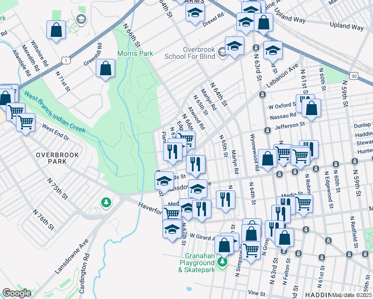 map of restaurants, bars, coffee shops, grocery stores, and more near 919 Edgemore Rd in Philadelphia