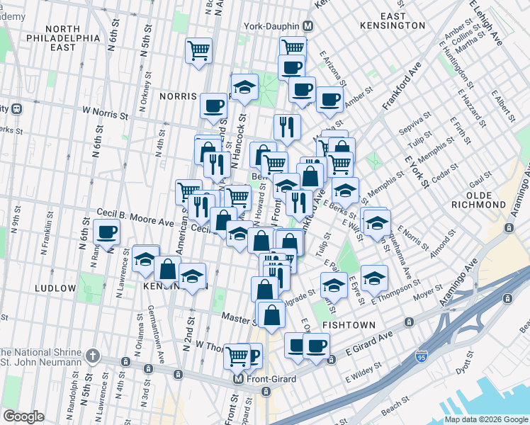 map of restaurants, bars, coffee shops, grocery stores, and more near 1764 North Hope Street in Philadelphia