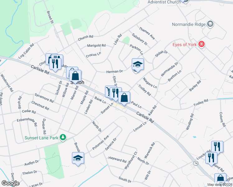 map of restaurants, bars, coffee shops, grocery stores, and more near 2013 Carlisle Road in Shiloh