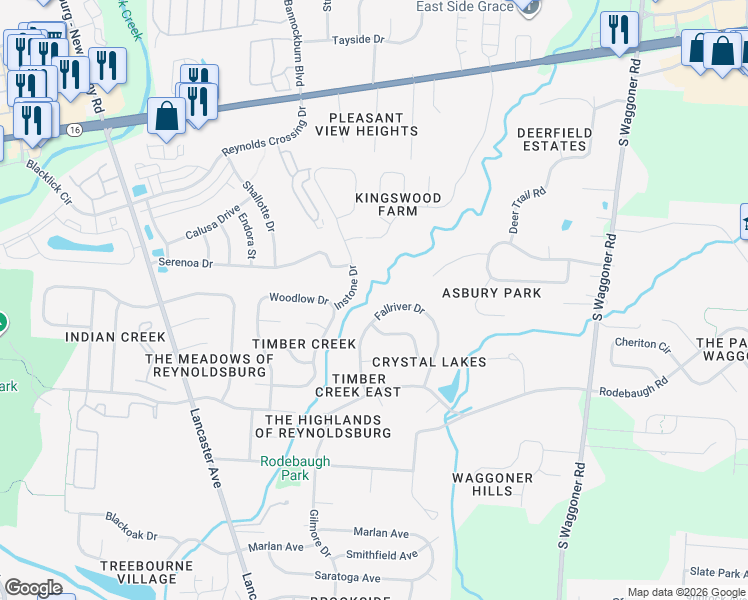 map of restaurants, bars, coffee shops, grocery stores, and more near 383 Fallriver Drive in Reynoldsburg