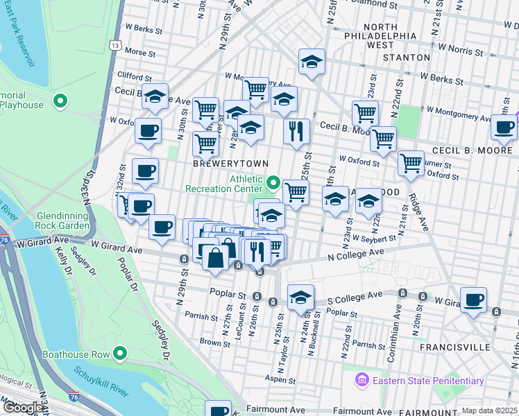 map of restaurants, bars, coffee shops, grocery stores, and more near 2626 Master Street in Philadelphia