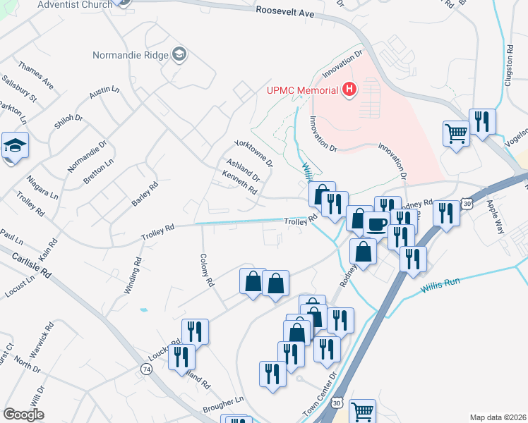 map of restaurants, bars, coffee shops, grocery stores, and more near 1695 Kenneth Road in York