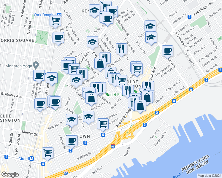 map of restaurants, bars, coffee shops, grocery stores, and more near 2318 Gaul Street in Philadelphia