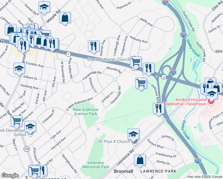 map of restaurants, bars, coffee shops, grocery stores, and more near 16 Crespy Lane in Broomall
