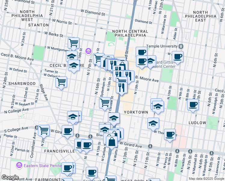 map of restaurants, bars, coffee shops, grocery stores, and more near 1526 North Carlisle Street in Philadelphia