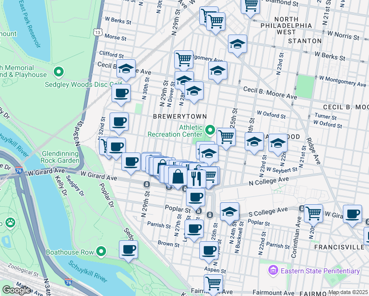 map of restaurants, bars, coffee shops, grocery stores, and more near 1341 North Marston Street in Philadelphia