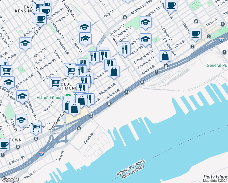 map of restaurants, bars, coffee shops, grocery stores, and more near 2652 Salmon Street in Philadelphia