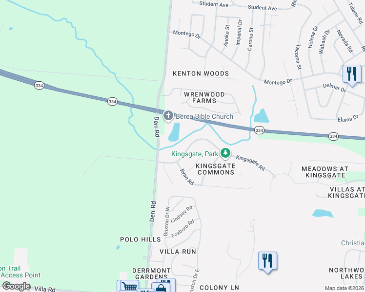 map of restaurants, bars, coffee shops, grocery stores, and more near 1104 Kingsgate Road in Springfield