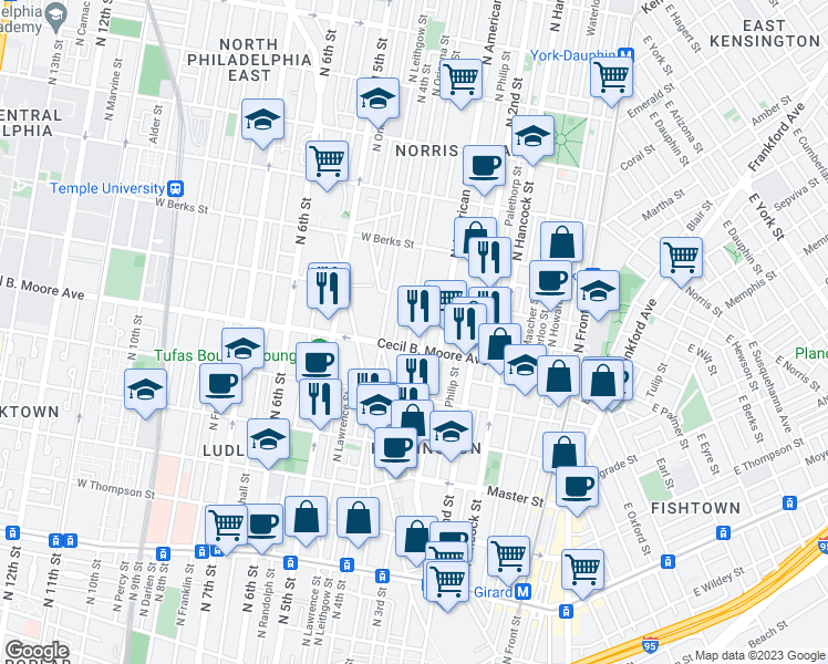 map of restaurants, bars, coffee shops, grocery stores, and more near 1719 North 3rd Street in Philadelphia