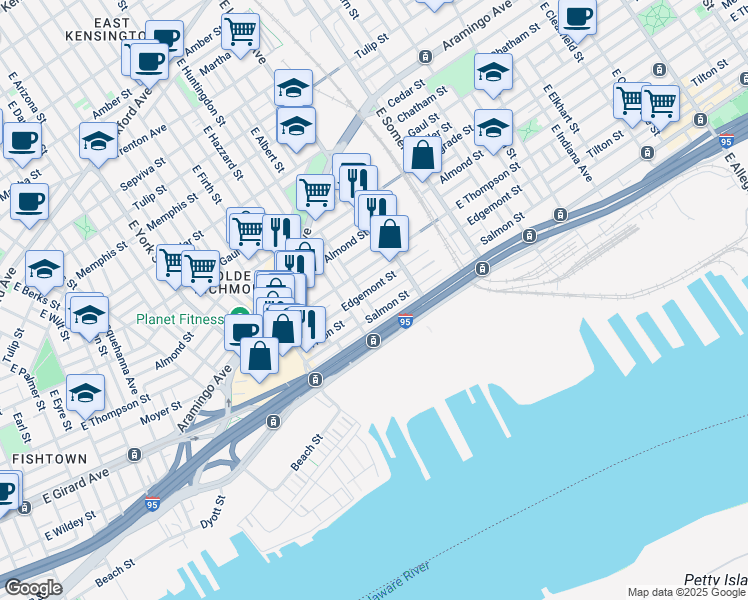 map of restaurants, bars, coffee shops, grocery stores, and more near 2626 Tilton Street in Philadelphia