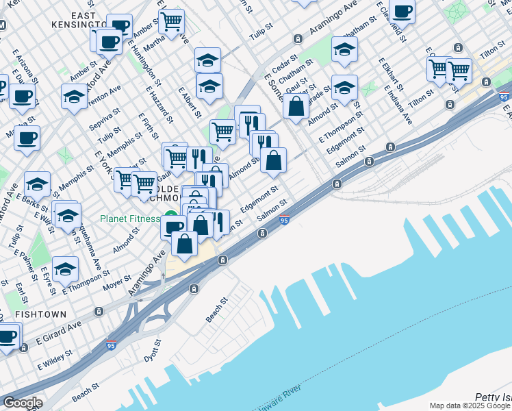 map of restaurants, bars, coffee shops, grocery stores, and more near 2617 Edgemont Street in Philadelphia