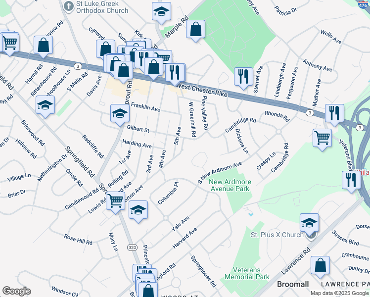 map of restaurants, bars, coffee shops, grocery stores, and more near 111 Morton Avenue in Broomall