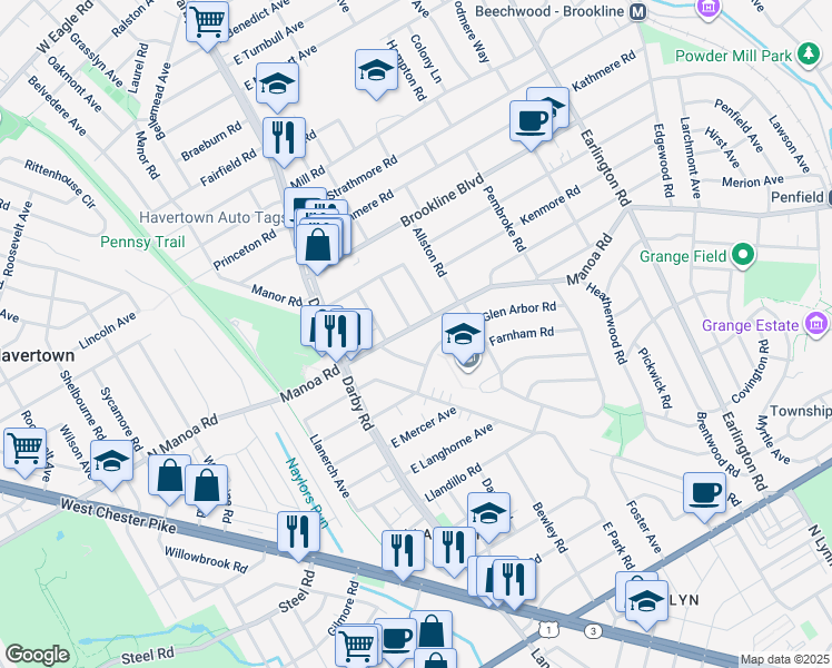 map of restaurants, bars, coffee shops, grocery stores, and more near 101 East Manoa Road in Havertown
