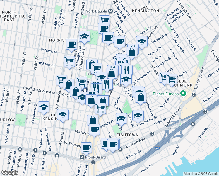 map of restaurants, bars, coffee shops, grocery stores, and more near 1603 East Montgomery Avenue in Philadelphia