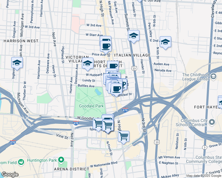 map of restaurants, bars, coffee shops, grocery stores, and more near 11 Buttles Avenue in Columbus