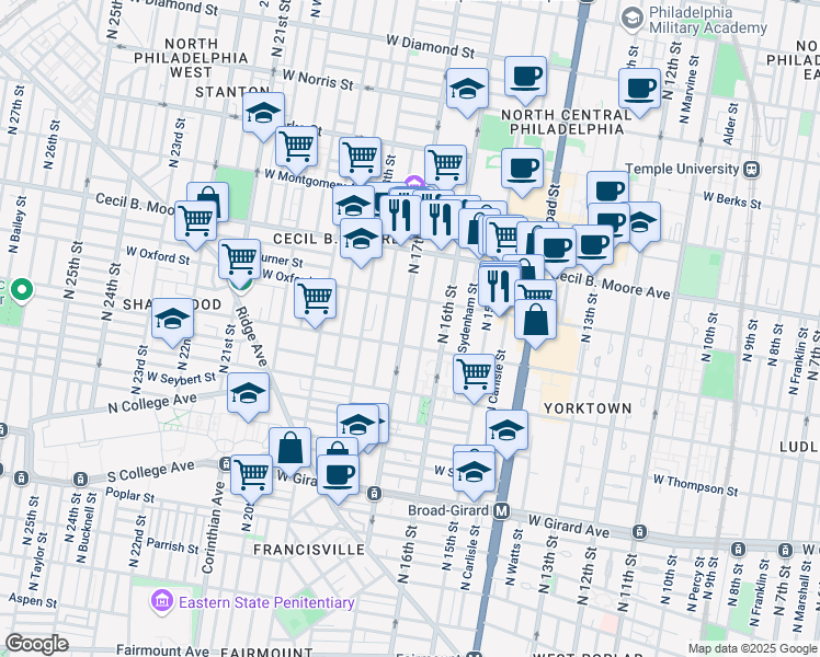 map of restaurants, bars, coffee shops, grocery stores, and more near 1515 North 17th Street in Philadelphia
