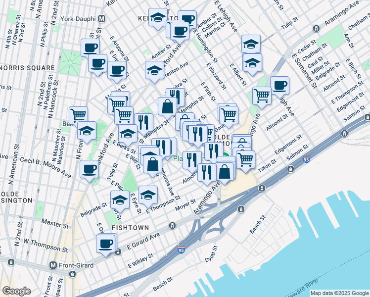 map of restaurants, bars, coffee shops, grocery stores, and more near 2318 Gaul Street in Philadelphia