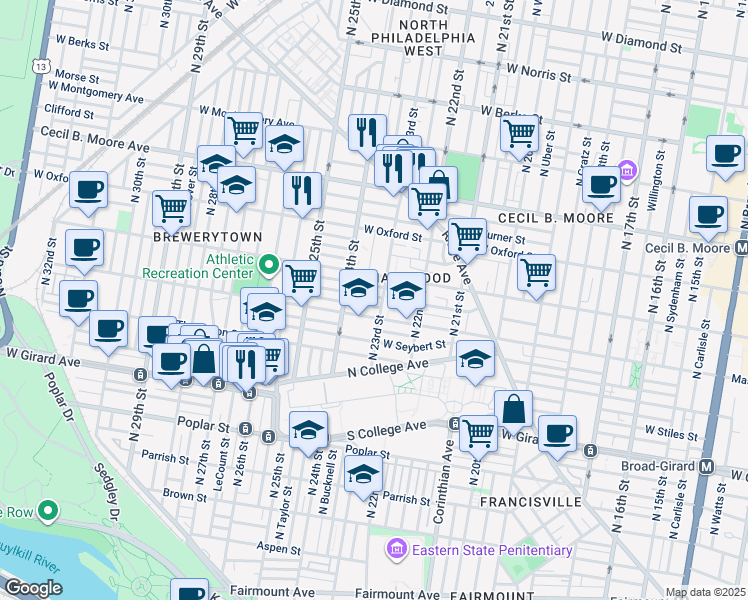 map of restaurants, bars, coffee shops, grocery stores, and more near 2304 Sharswood Street in Philadelphia