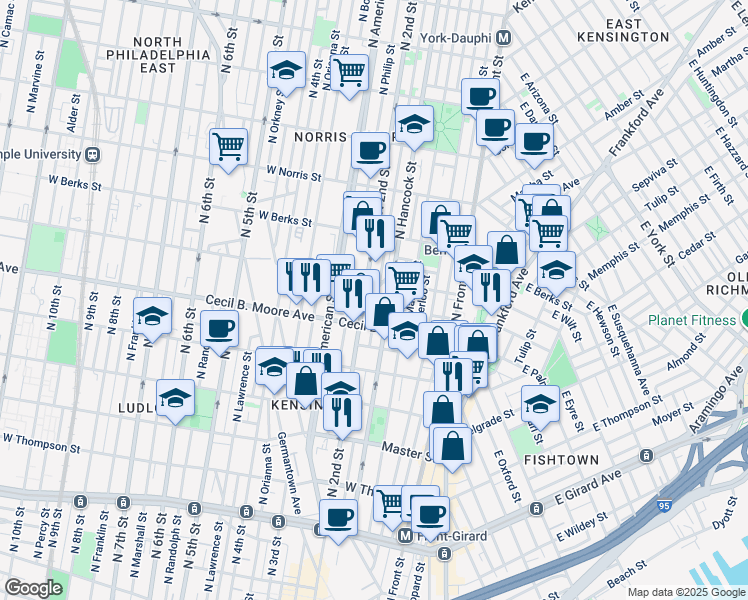 map of restaurants, bars, coffee shops, grocery stores, and more near 1701 North 2nd Street in Philadelphia