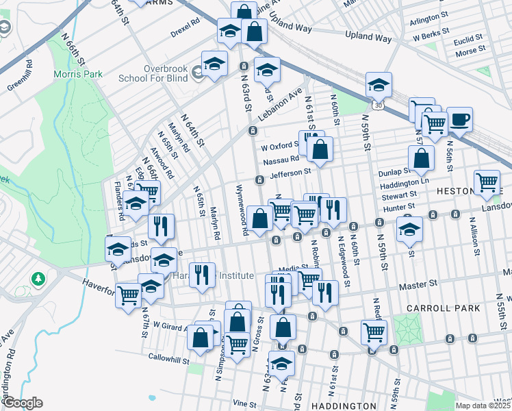 map of restaurants, bars, coffee shops, grocery stores, and more near 828 North 63rd Street in Philadelphia