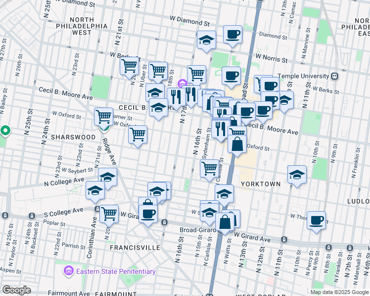 map of restaurants, bars, coffee shops, grocery stores, and more near 1501 Willington Street in Philadelphia