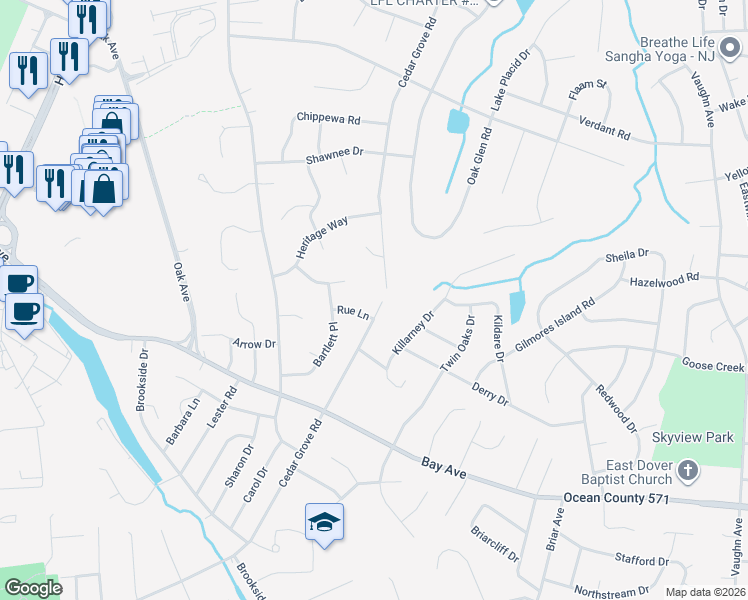 map of restaurants, bars, coffee shops, grocery stores, and more near 345 Cedar Grove Road in Toms River