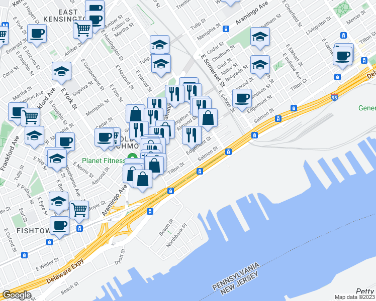 map of restaurants, bars, coffee shops, grocery stores, and more near 2604 Edgemont Street in Philadelphia