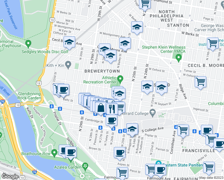 map of restaurants, bars, coffee shops, grocery stores, and more near 2632 Master Street in Philadelphia
