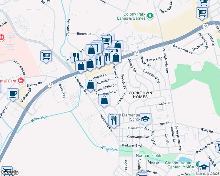 map of restaurants, bars, coffee shops, grocery stores, and more near 936 Northbriar Drive in York