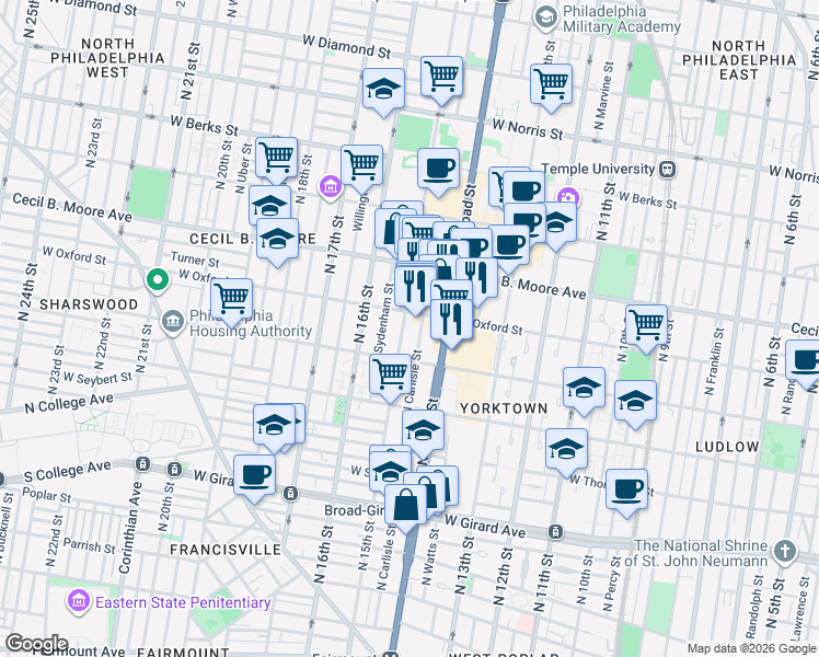 map of restaurants, bars, coffee shops, grocery stores, and more near 1514 North Broad Street in Philadelphia