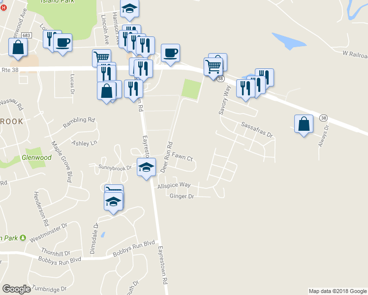 map of restaurants, bars, coffee shops, grocery stores, and more near 804 Woodchip Road in Mount Holly